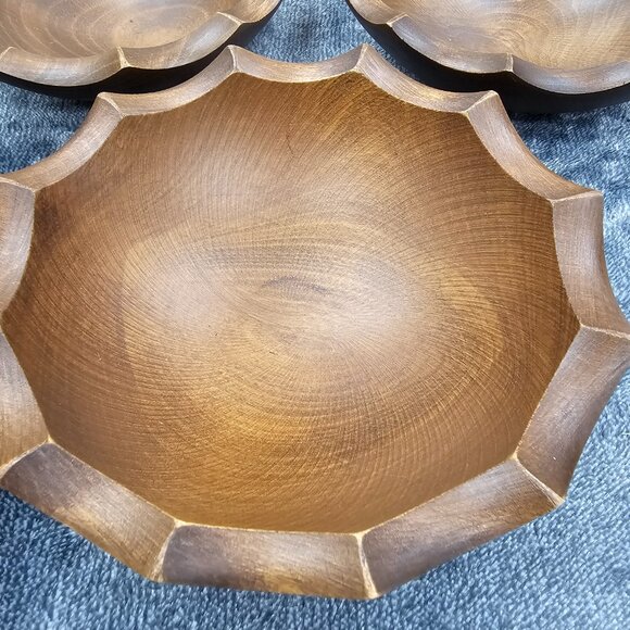 Vintage Woodcraftery wooden bowl set 1 large 7 small scalloped edges MCM - Picture 8 of 15